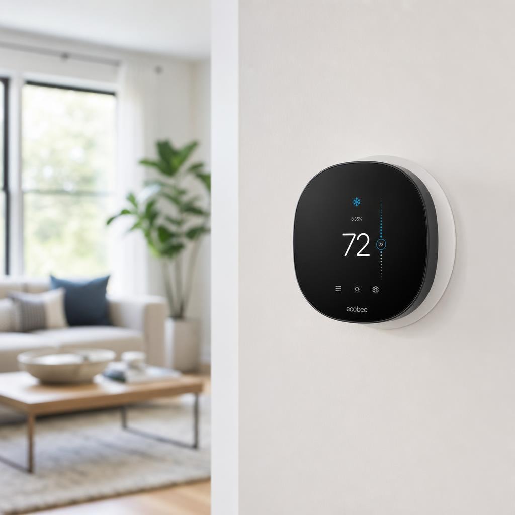 Smart thermostat installed on the wall of a Kent, WA home