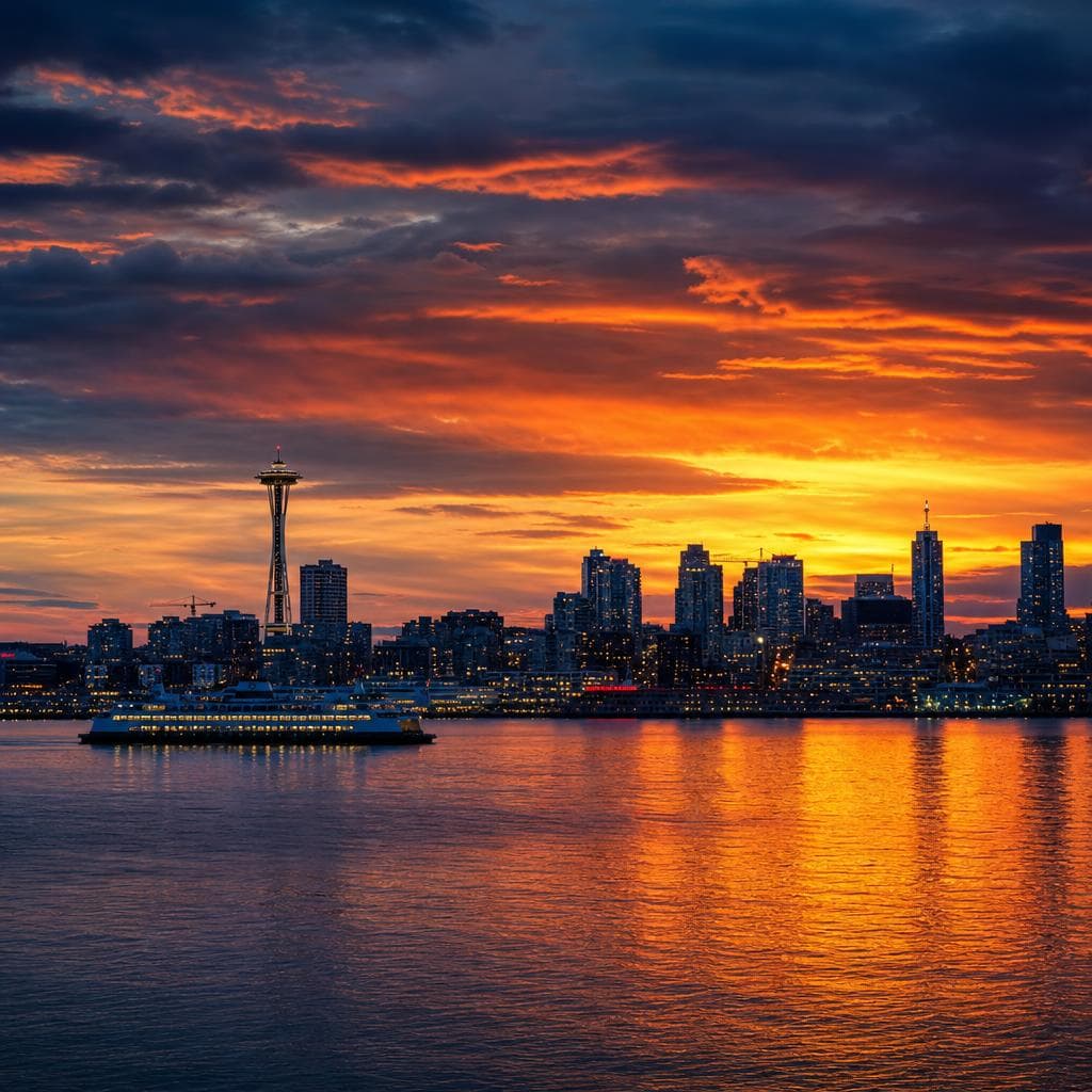South King County and the Seattle skyline at sunset