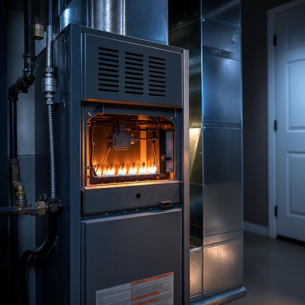 Technician repairing a gas furnace in a Kent, WA home